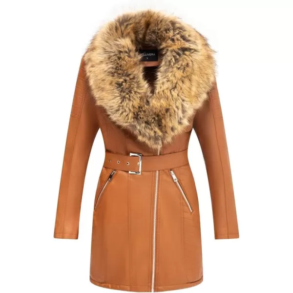 Bellivera Women's Trench Coat Faux Leather Jackets Winter Long Sleeve Outwear with Detachable Fur Collar