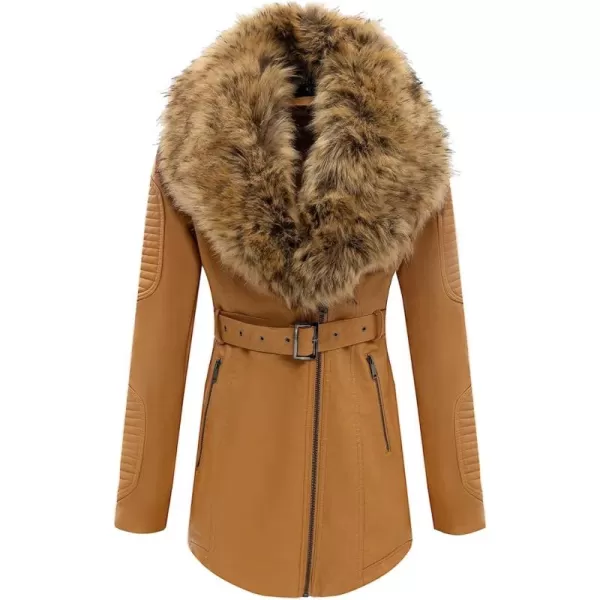 Bellivera Women's Trench Coat Faux Leather Jackets Winter Long Sleeve Outwear with Detachable Fur Collar