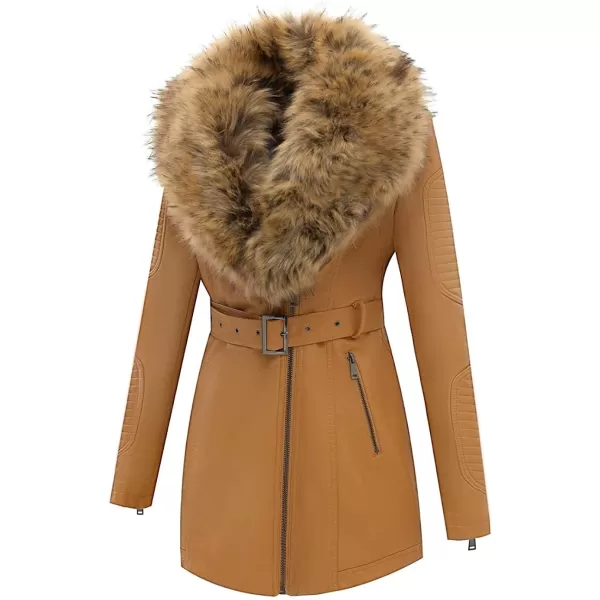 Bellivera Women's Trench Coat Faux Leather Jackets Winter Long Sleeve Outwear with Detachable Fur Collar