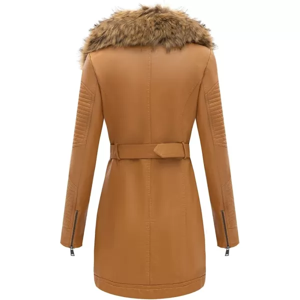 Bellivera Women's Trench Coat Faux Leather Jackets Winter Long Sleeve Outwear with Detachable Fur Collar