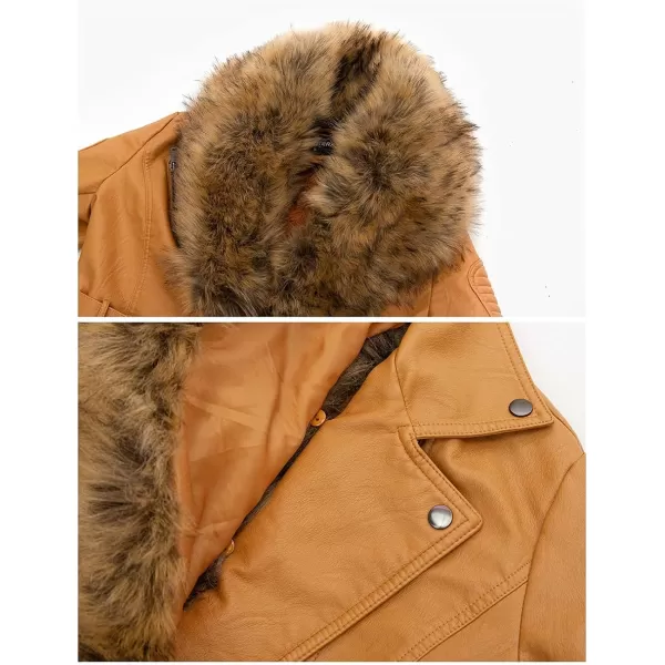 Bellivera Women's Trench Coat Faux Leather Jackets Winter Long Sleeve Outwear with Detachable Fur Collar