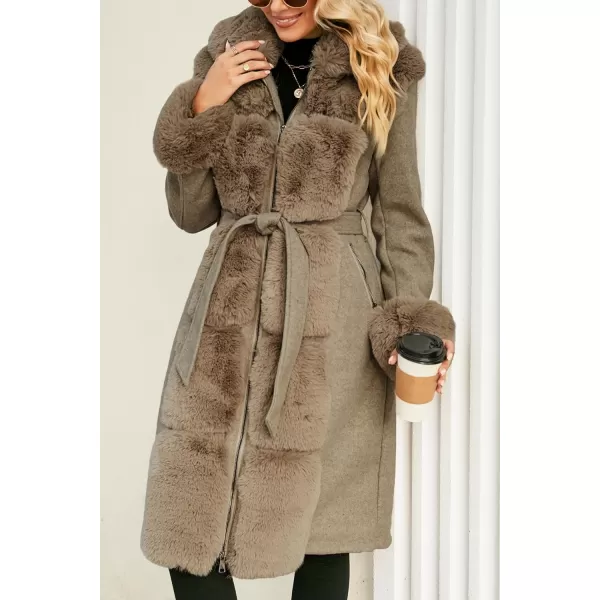 Bellivera Women's Wool Pea Coat Faux Fur Jacket Winter Warm Parka Overcoat with Belt