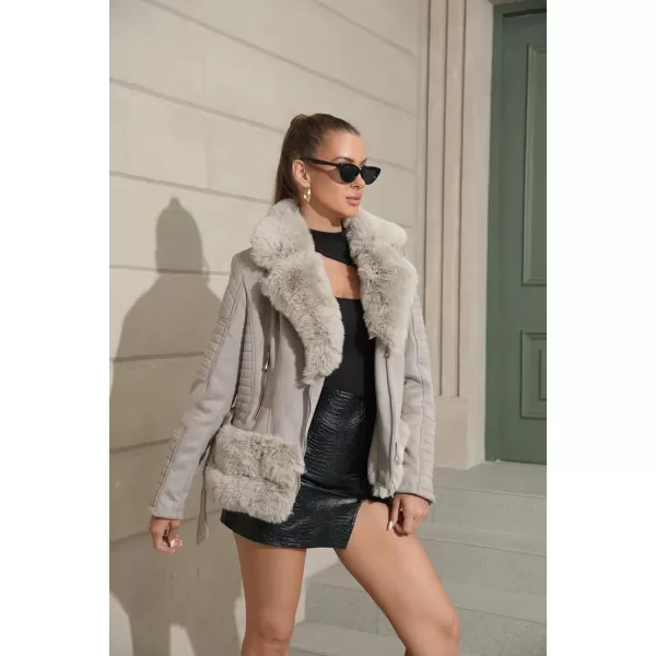 Bellivera Women Faux Suede Leather Jacket Motorcycle Biker Sherpa-Lined Coat with Detachable Fur Collar