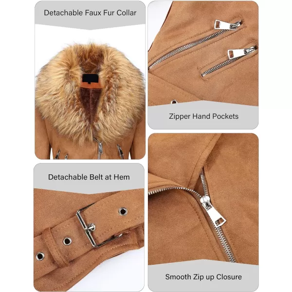 Bellivera Women Faux Suede Leather Jacket Motorcycle Biker Sherpa-Lined Coat with Detachable Fur Collar
