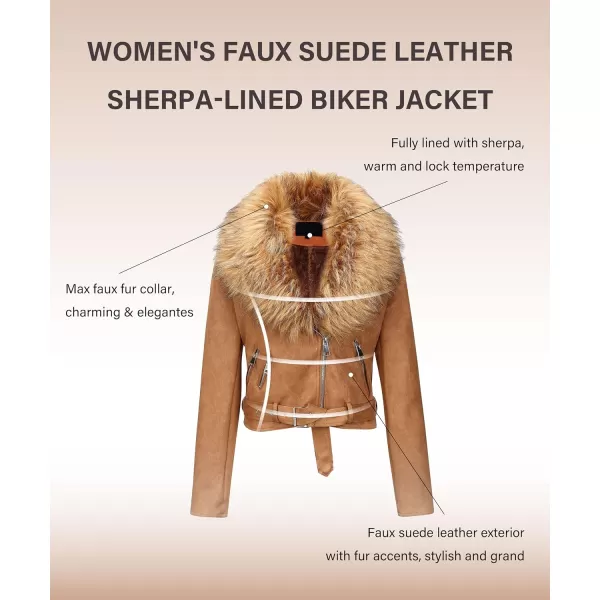 Bellivera Women Faux Suede Leather Jacket Motorcycle Biker Sherpa-Lined Coat with Detachable Fur Collar