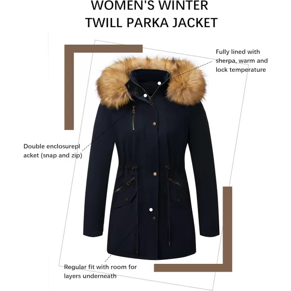 Bellivera Women Twill Parka Jacket, Winter Fashion Warm Long Hood Coat with Faux Fur Collar