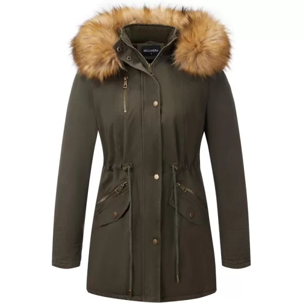 Bellivera Women Twill Parka Jacket, Winter Fashion Warm Long Hood Coat with Faux Fur Collar
