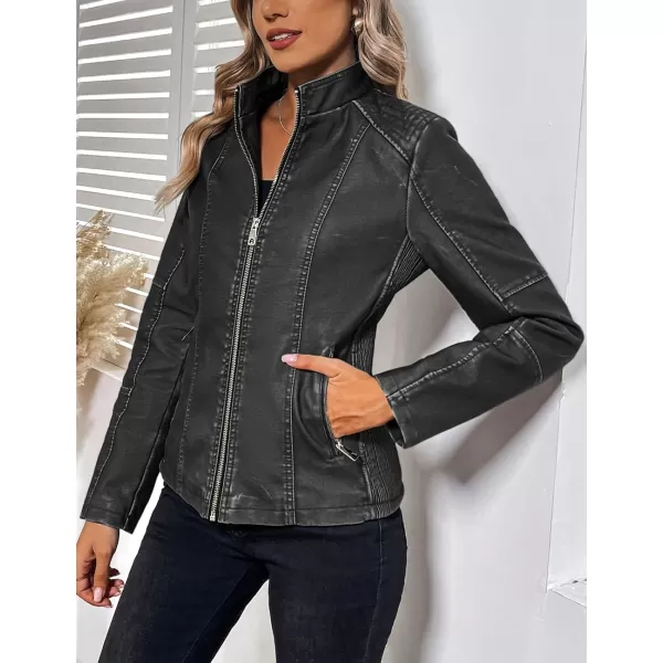 Bellivera Faux Leather Jacket Women Motorcycle Zipper Bomber PU Bike Coat with Pockets