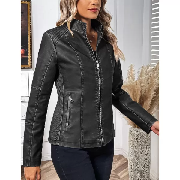 Bellivera Faux Leather Jacket Women Motorcycle Zipper Bomber PU Bike Coat with Pockets