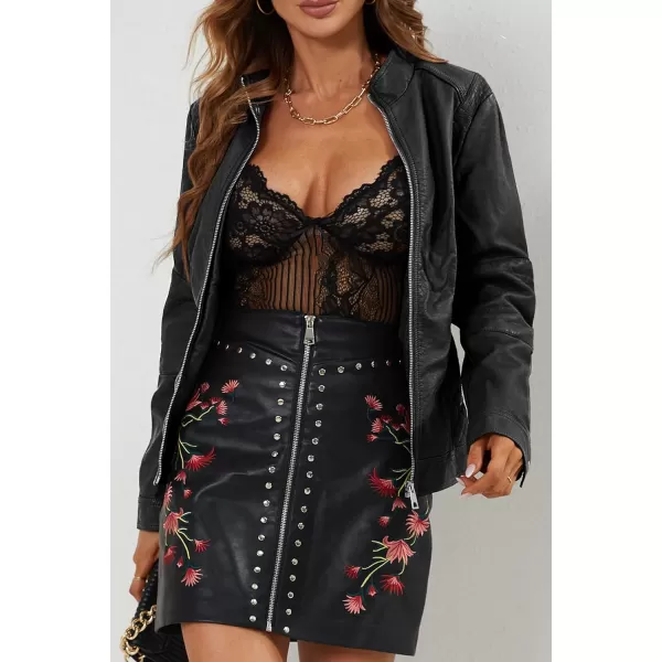Bellivera Faux Leather Jacket Women Motorcycle Zipper Bomber PU Bike Coat with Pockets