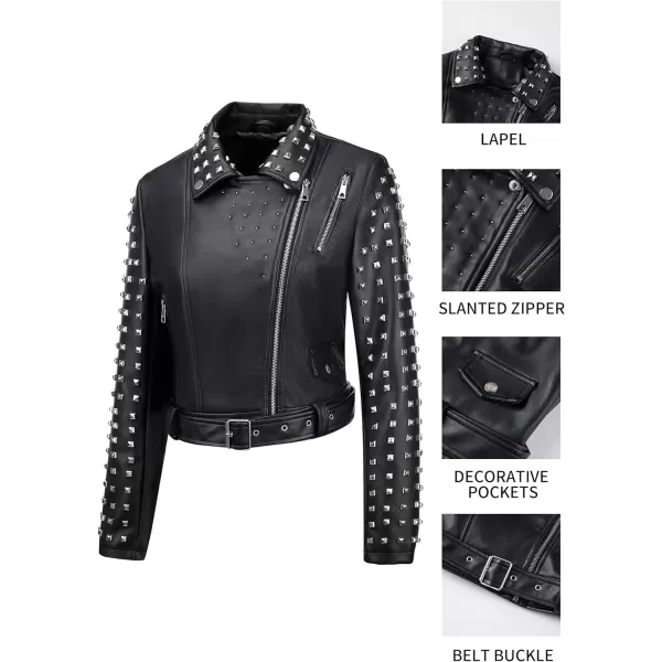 Bellivera Faux Leather Jacket for Women Studded Rivet Floral Moto Biker Short Lapel Coat
