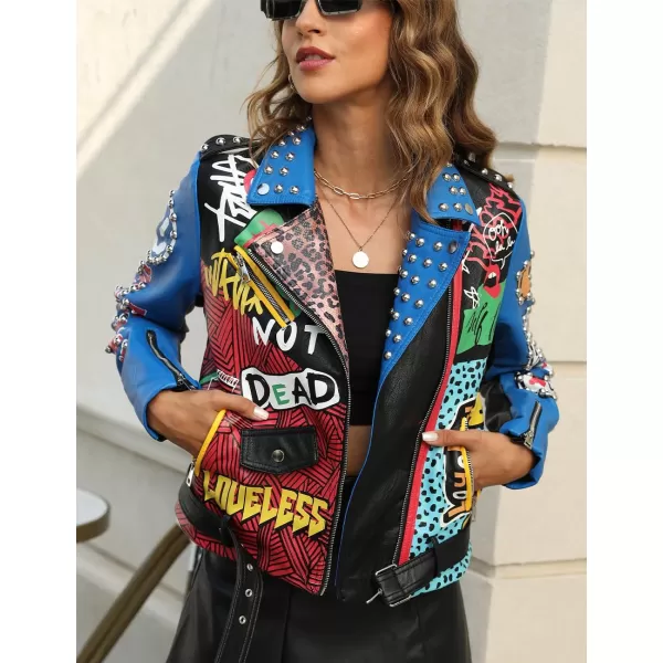 Bellivera Faux Leather Jacket for Women Studded Rivet Floral Moto Biker Short Lapel Coat