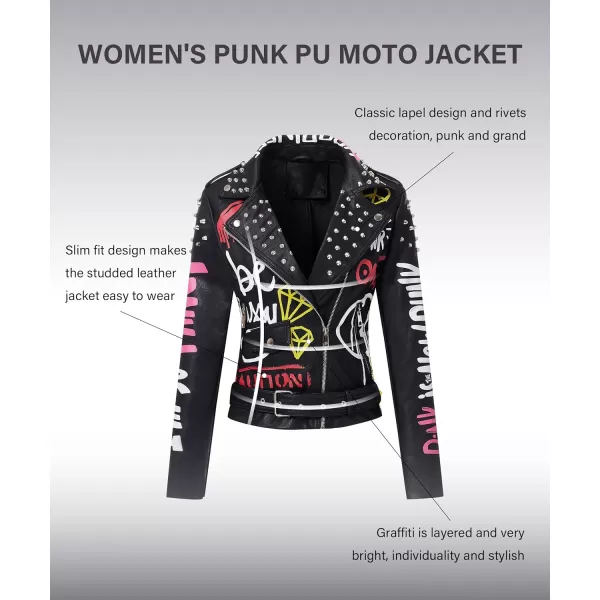 Bellivera Faux Leather Jacket for Women Studded Rivet Floral Moto Biker Short Lapel Coat