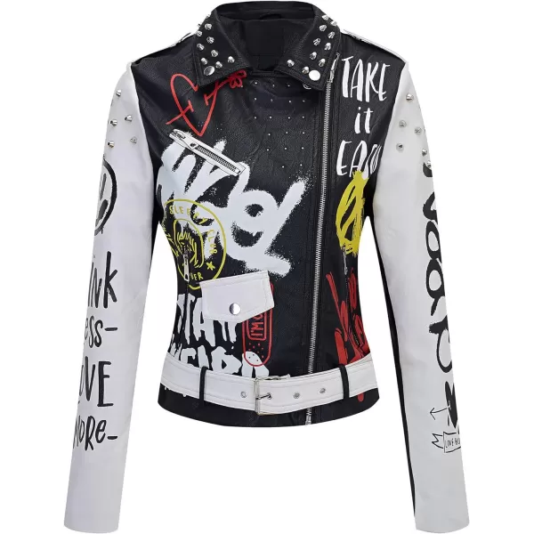 Bellivera Faux Leather Jacket for Women Studded Rivet Floral Moto Biker Short Lapel Coat