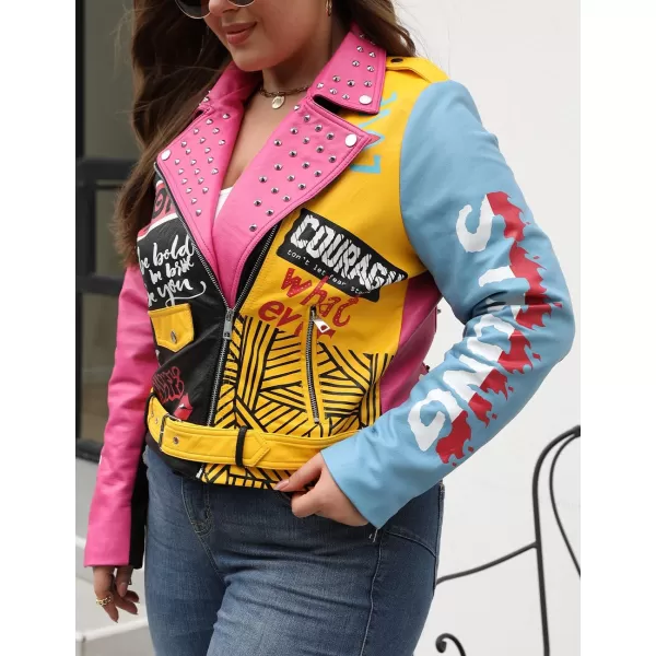 Bellivera Faux Leather Jacket for Women Studded Rivet Floral Moto Biker Short Lapel Coat
