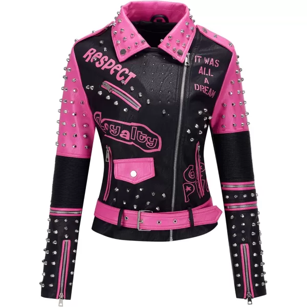 Bellivera Faux Leather Jacket for Women Studded Rivet Floral Moto Biker Short Lapel Coat