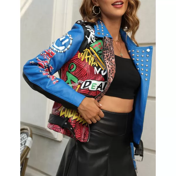 Bellivera Faux Leather Jacket for Women Studded Rivet Floral Moto Biker Short Lapel Coat