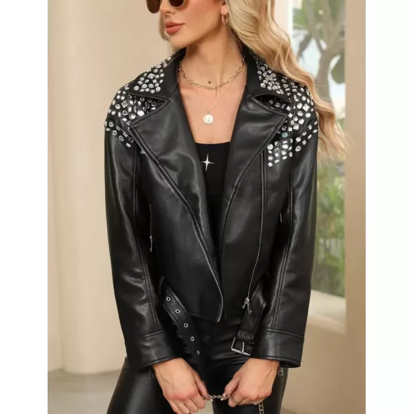 Bellivera Faux Leather Jacket for Women Studded Rivet Floral Moto Biker Short Lapel Coat