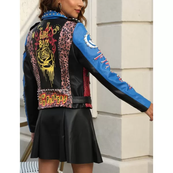 Bellivera Faux Leather Jacket for Women Studded Rivet Floral Moto Biker Short Lapel Coat