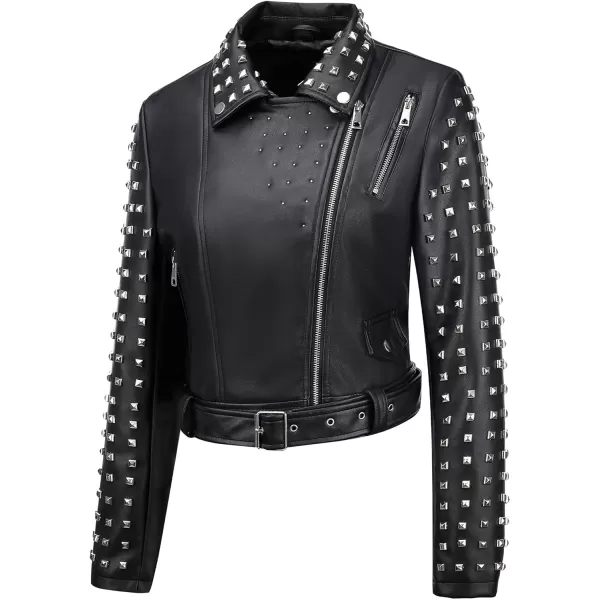 Bellivera Faux Leather Jacket for Women Studded Rivet Floral Moto Biker Short Lapel Coat