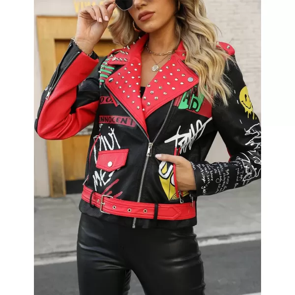 Bellivera Faux Leather Jacket for Women Studded Rivet Floral Moto Biker Short Lapel Coat