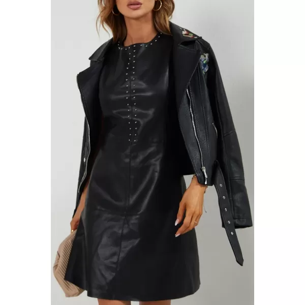 Bellivera Faux Leather Jacket for Women Studded Rivet Floral Moto Biker Short Lapel Coat