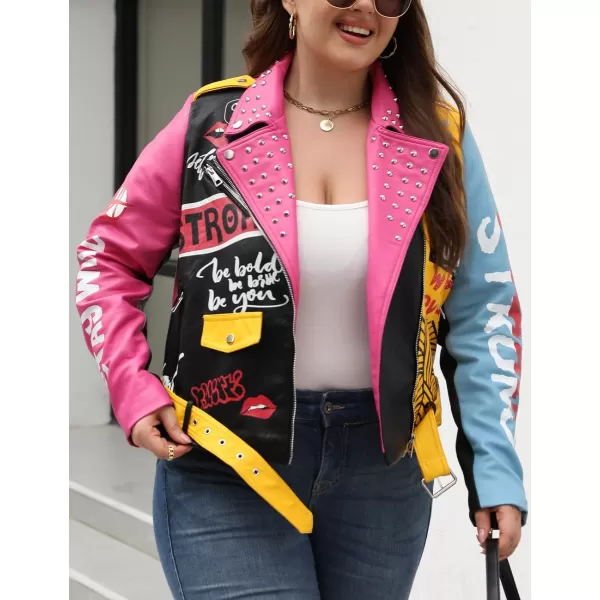 Bellivera Faux Leather Jacket for Women Studded Rivet Floral Moto Biker Short Lapel Coat