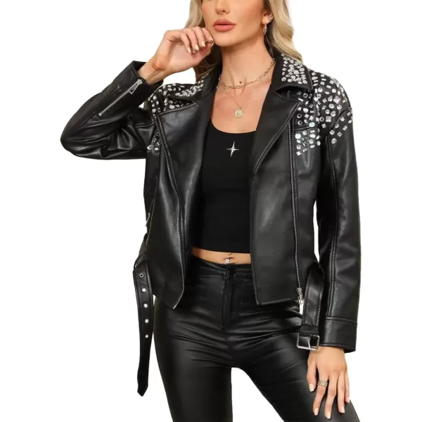 Bellivera Faux Leather Jacket for Women Studded Rivet Floral Moto Biker Short Lapel Coat