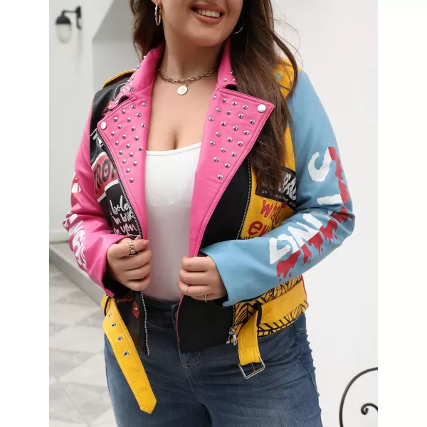 Bellivera Faux Leather Jacket for Women Studded Rivet Floral Moto Biker Short Lapel Coat