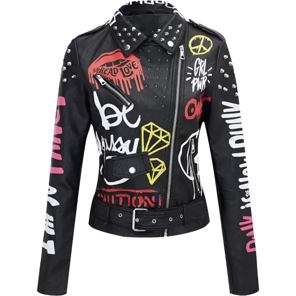 Bellivera Faux Leather Jacket for Women Studded Rivet Floral Moto Biker Short Lapel Coat