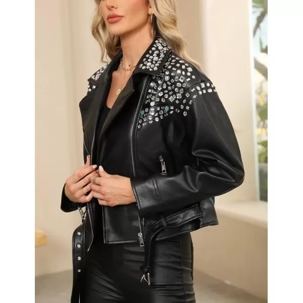 Bellivera Faux Leather Jacket for Women Studded Rivet Floral Moto Biker Short Lapel Coat
