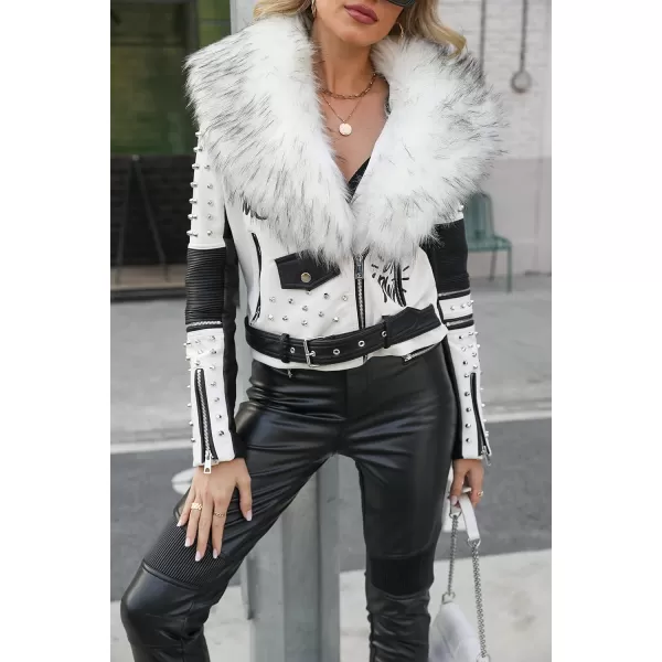 Bellivera Faux Leather Jacket for Women Studded Rivet Floral Moto Biker Short Lapel Coat