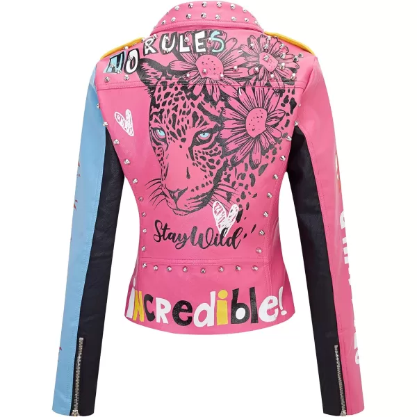 Bellivera Faux Leather Jacket for Women Studded Rivet Floral Moto Biker Short Lapel Coat