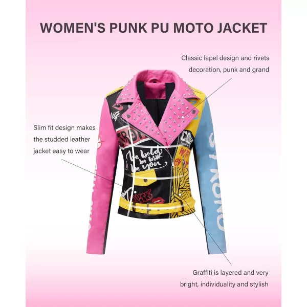 Bellivera Faux Leather Jacket for Women Studded Rivet Floral Moto Biker Short Lapel Coat