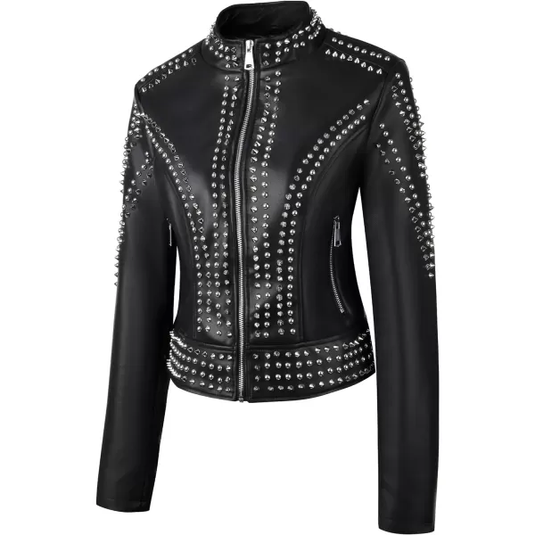 Bellivera Faux Leather Jacket for Women Studded Rivet Floral Moto Biker Short Lapel Coat
