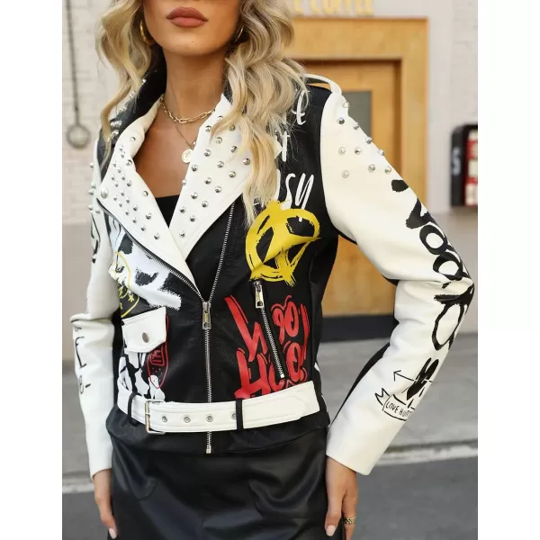 Bellivera Faux Leather Jacket for Women Studded Rivet Floral Moto Biker Short Lapel Coat