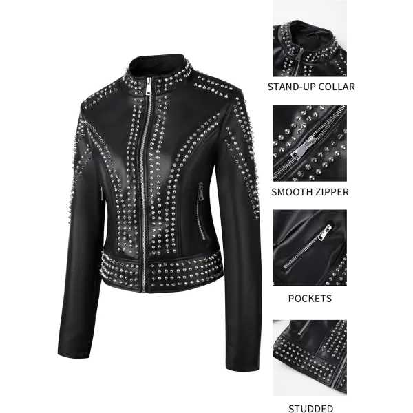 Bellivera Faux Leather Jacket for Women Studded Rivet Floral Moto Biker Short Lapel Coat
