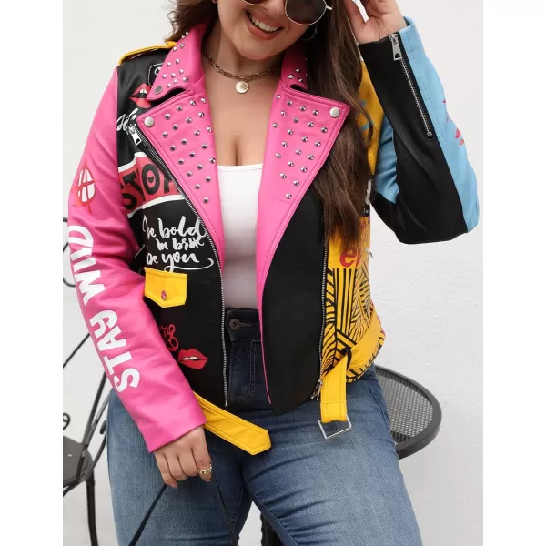 Bellivera Faux Leather Jacket for Women Studded Rivet Floral Moto Biker Short Lapel Coat