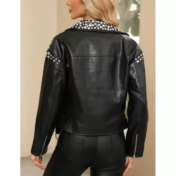 Bellivera Faux Leather Jacket for Women Studded Rivet Floral Moto Biker Short Lapel Coat