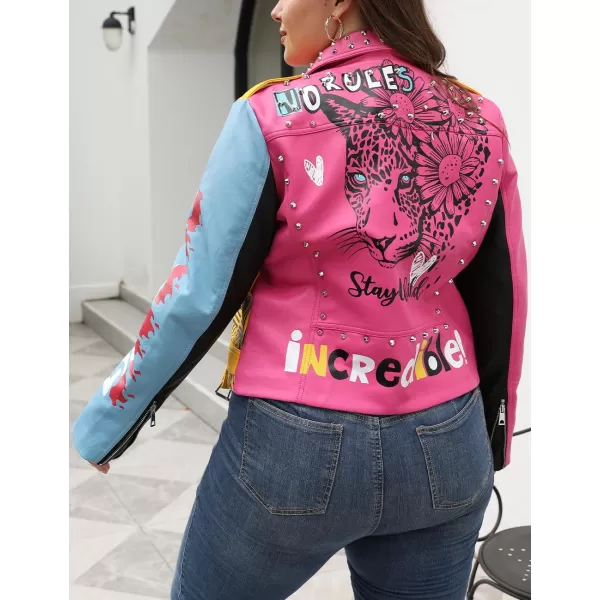 Bellivera Faux Leather Jacket for Women Studded Rivet Floral Moto Biker Short Lapel Coat