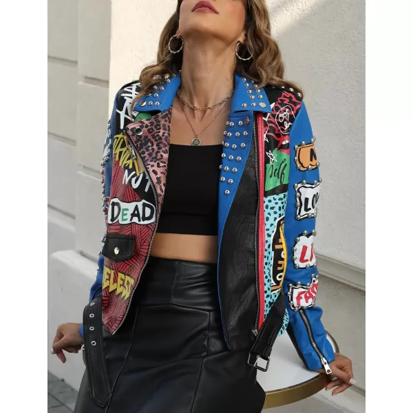 Bellivera Faux Leather Jacket for Women Studded Rivet Floral Moto Biker Short Lapel Coat