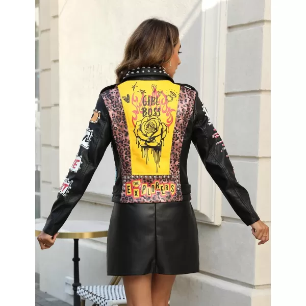 Bellivera Faux Leather Jacket for Women Studded Rivet Floral Moto Biker Short Lapel Coat