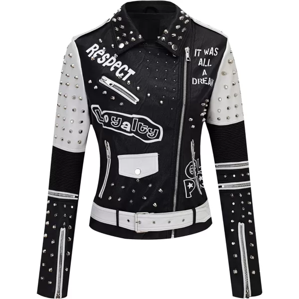 Bellivera Faux Leather Jacket for Women Studded Rivet Floral Moto Biker Short Lapel Coat
