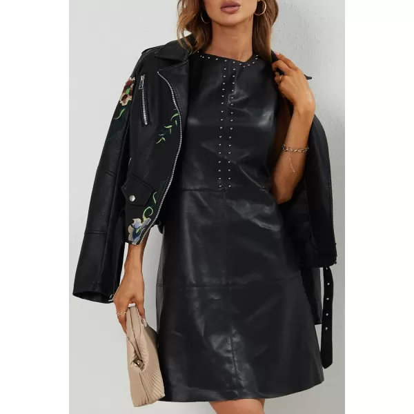 Bellivera Faux Leather Jacket for Women Studded Rivet Floral Moto Biker Short Lapel Coat