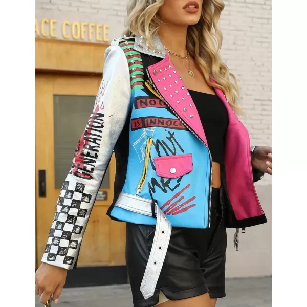 Bellivera Faux Leather Jacket for Women Studded Rivet Floral Moto Biker Short Lapel Coat