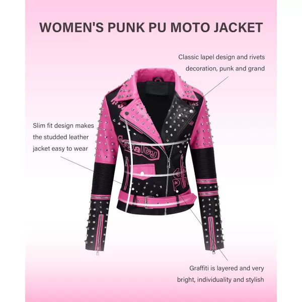 Bellivera Faux Leather Jacket for Women Studded Rivet Floral Moto Biker Short Lapel Coat