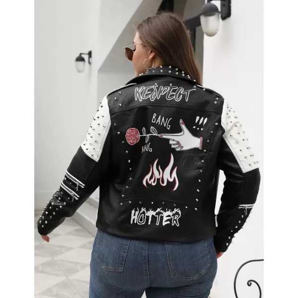 Bellivera Faux Leather Jacket for Women Studded Rivet Floral Moto Biker Short Lapel Coat
