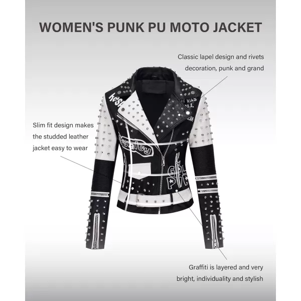 Bellivera Faux Leather Jacket for Women Studded Rivet Floral Moto Biker Short Lapel Coat