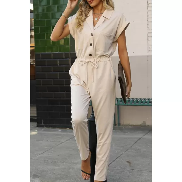 Bellivera Women Summer Short Sleeve Casual Jumpsuits Drawstring Belt Elegant Button Down One Piece Long Pant Romper