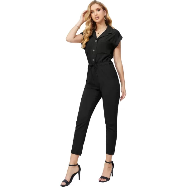 Bellivera Women Summer Short Sleeve Casual Jumpsuits Drawstring Belt Elegant Button Down One Piece Long Pant Romper